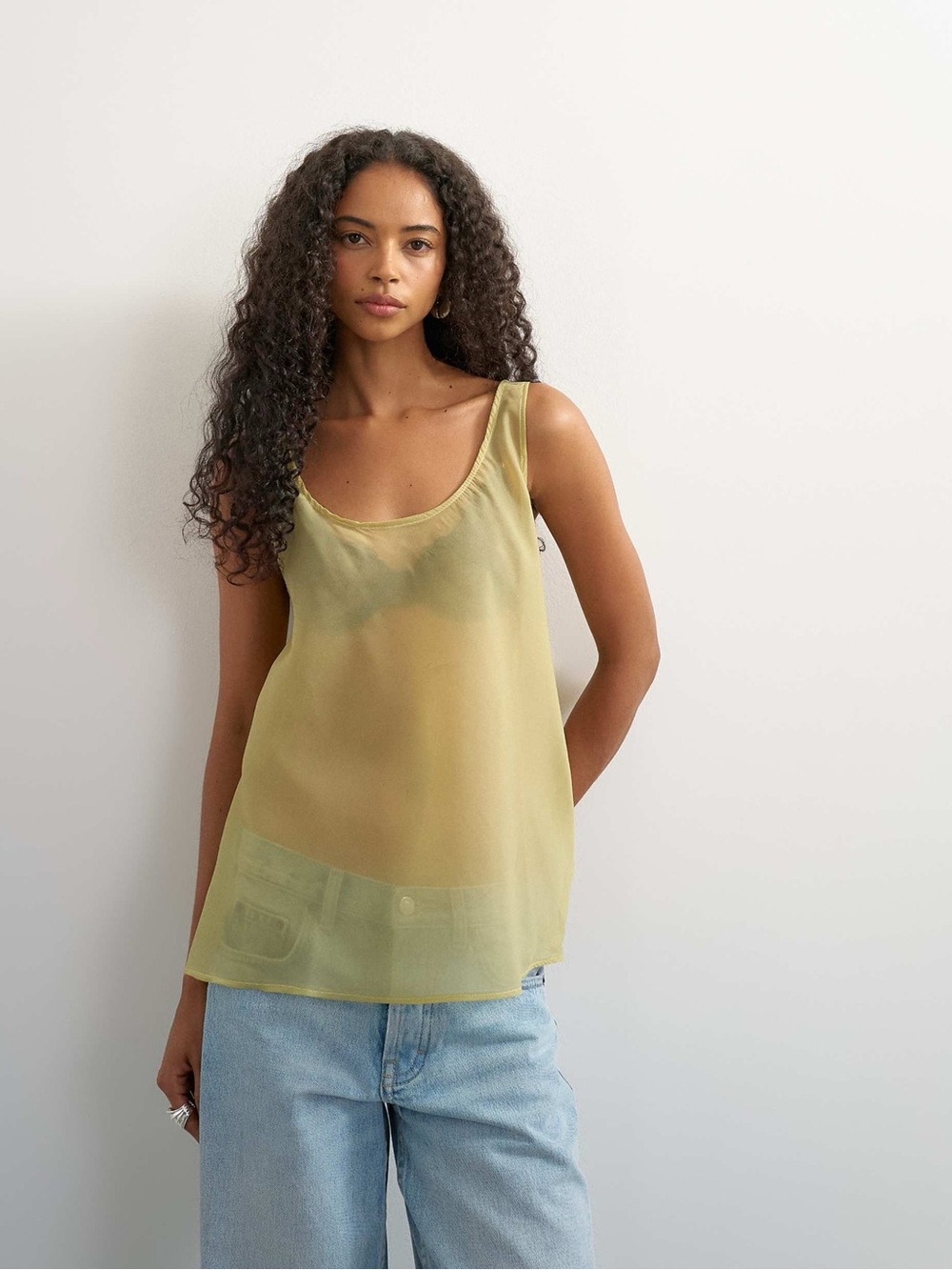 Chartreuse organza Sheer Scoop Neck Tank Top - Women